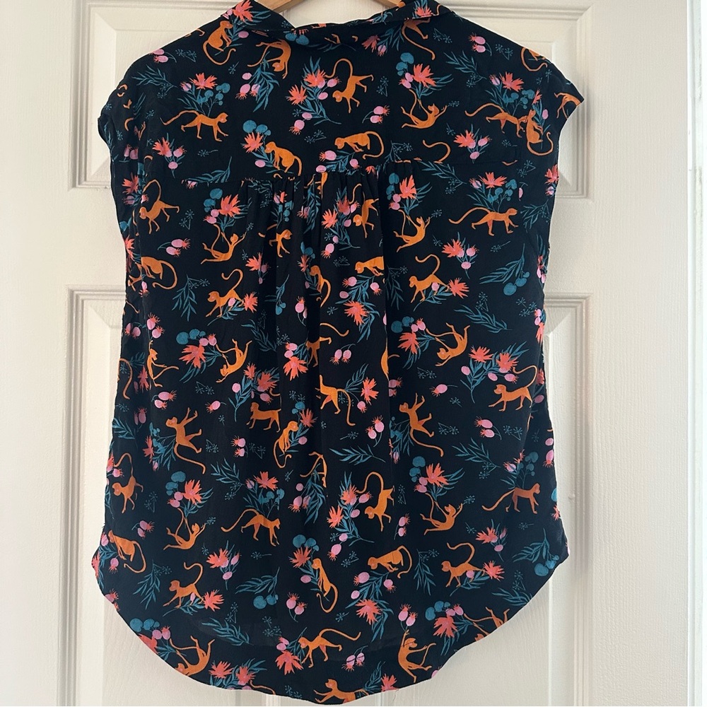 Anthropologie Maeve Monkey Print Blouse Black Safari Orange Pink Floral Top S - Picture 8 of 10